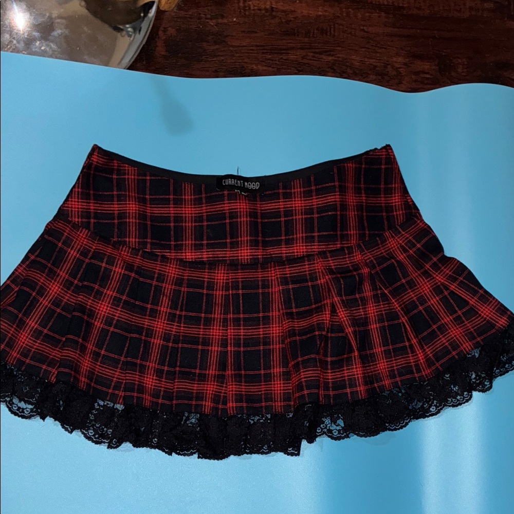 Current Mood Red and Black Plaid Pleated Mini Skirt with Lace Hem - Picture 2 of 2